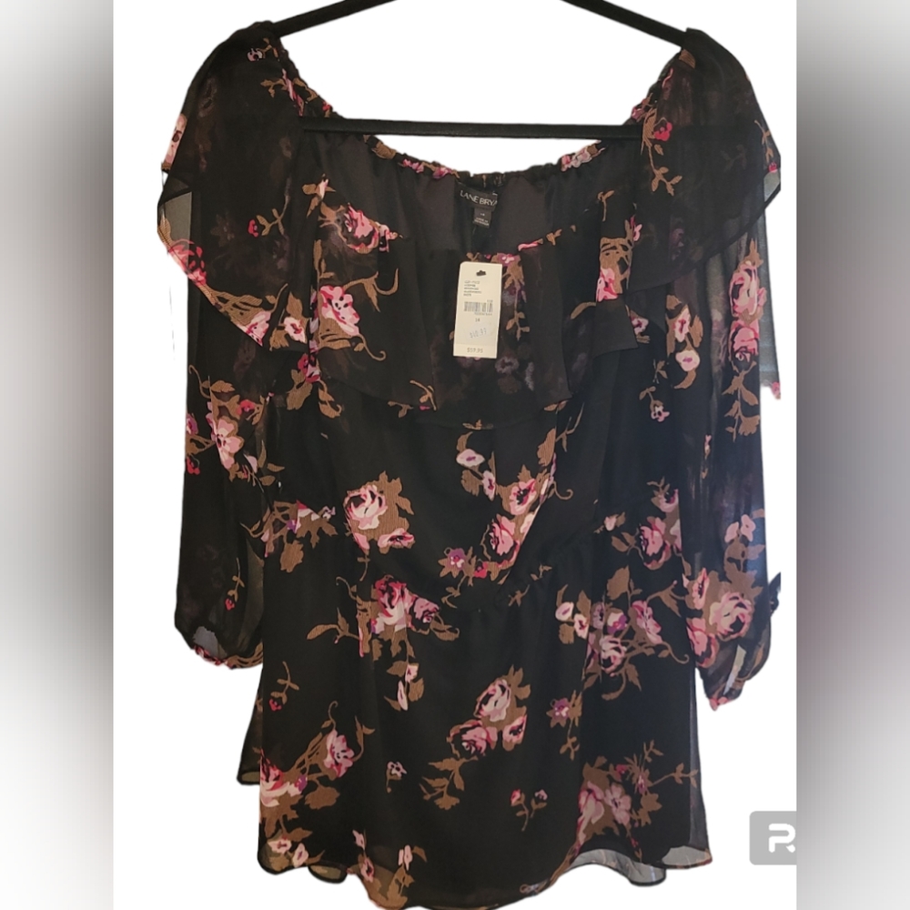Lane Bryant Women's Size 14 Black Pink Floral Print Convertible Ruffle Top
